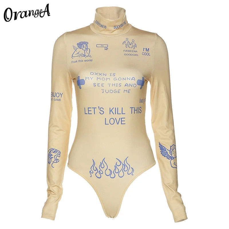 OrangeA Summer Women Slim Casual Letter Print Bodycon Bodysuit Long Sleeve Turtleneck Elastic Sporty Fitness Skinny Streetwear