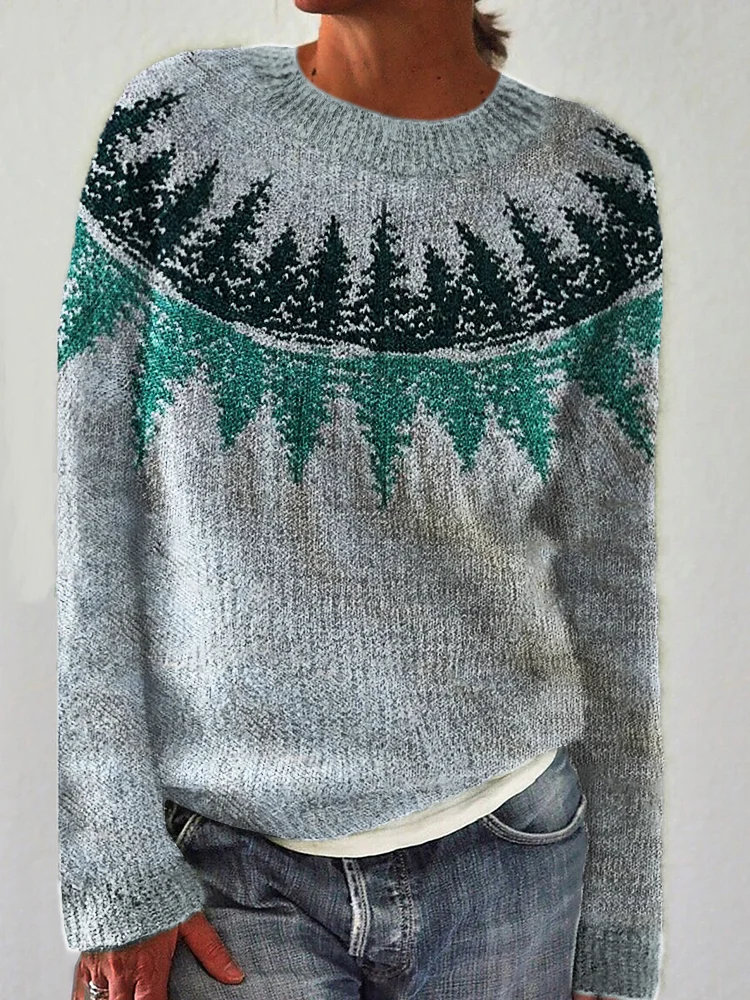 Comstylish Forest Reflection Inspired Cozy Knit Yoke Sweater