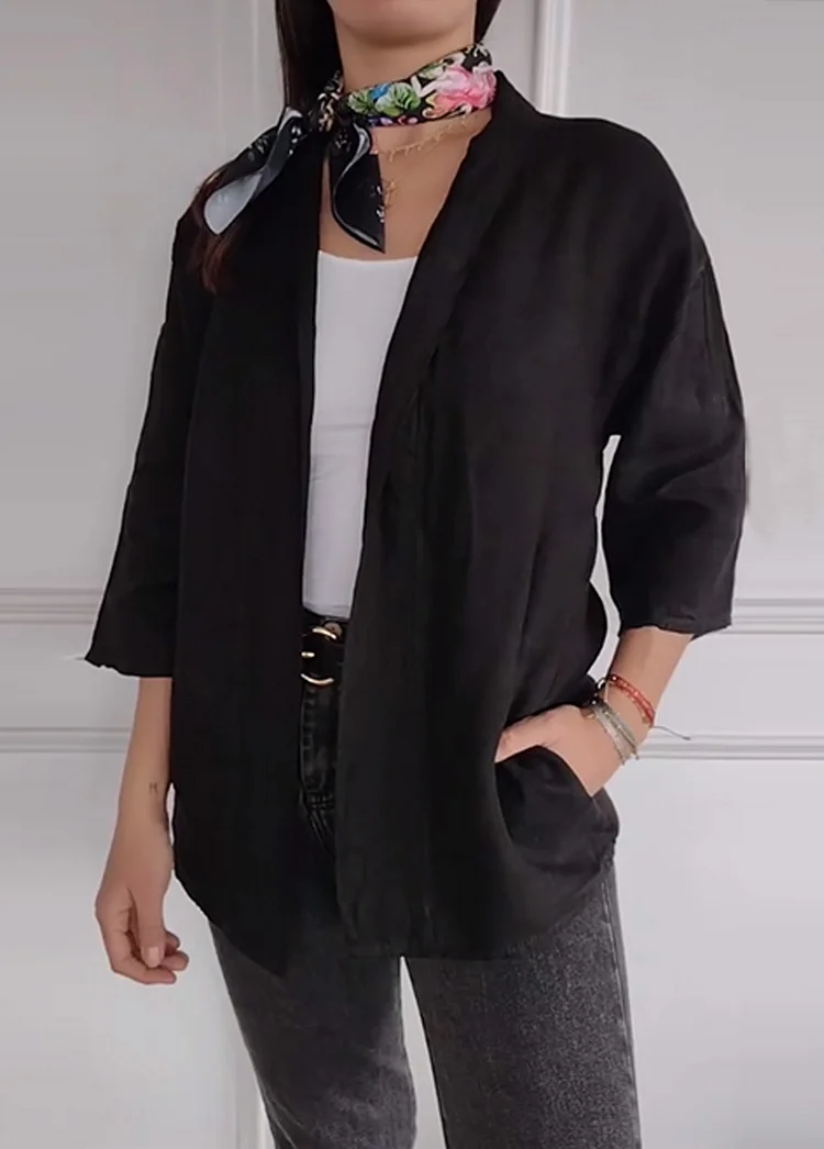 Solid Women Cotton and Linen Long Sleeve Shirt 