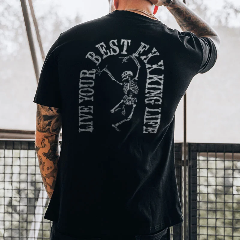 LIVE YOUR BEST LIFE Skull Bone Graphic Black Print T-shirt