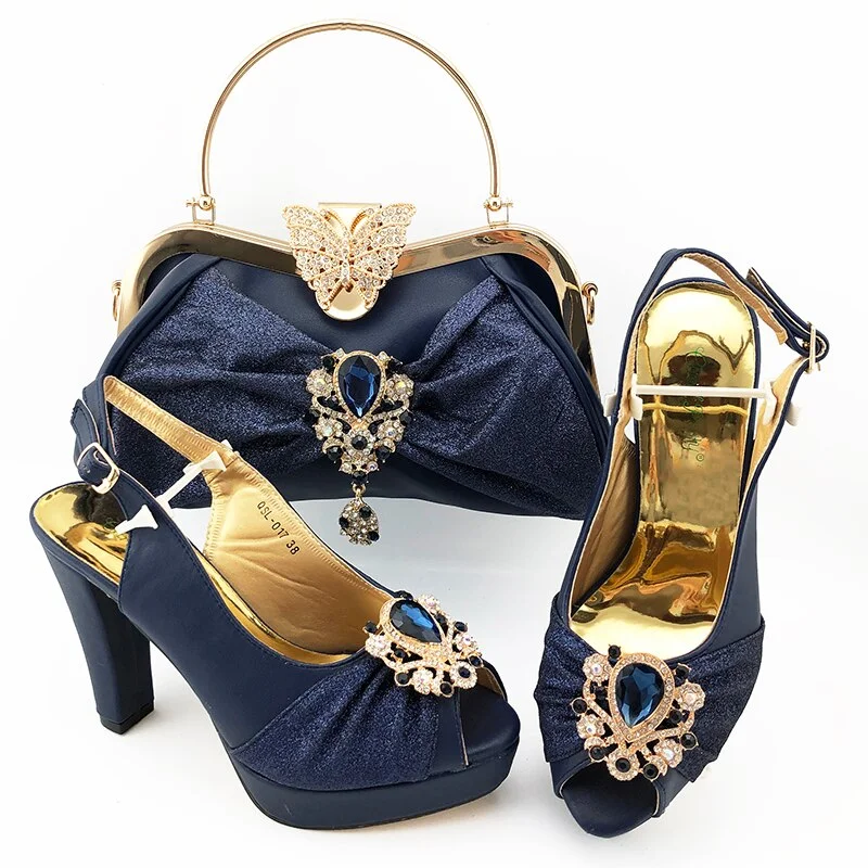 Sky Blue Women Matching Shoes and Bag Set Office Lady Shoes and Bag Mature Style Shoes for Party with Shinng Crystal