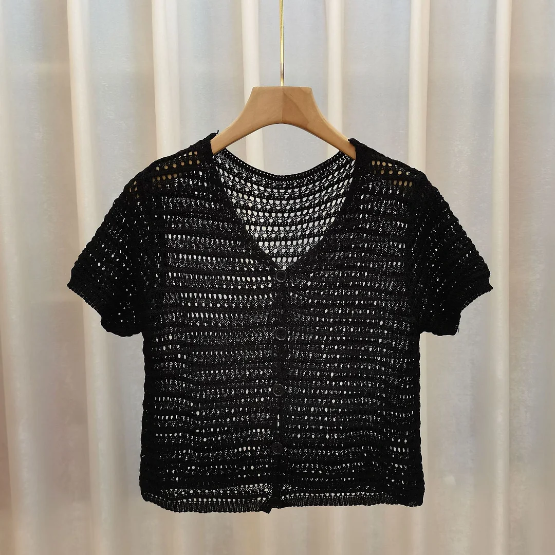 Uveng Uveng Row Hollow T-Shirt Women's Summer New Cardigan Short Leisure Thin Solid Color Temperament Short-Sleeved Top Trend