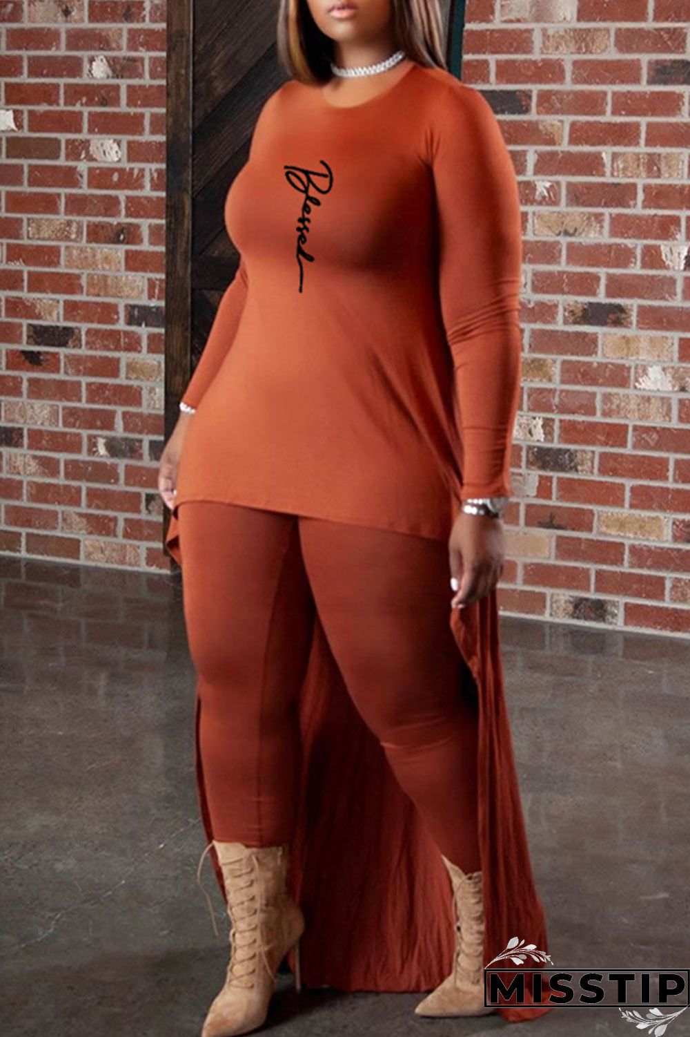 Black Fashion Casual Print Asymmetrical O Neck Plus Size Two Pieces