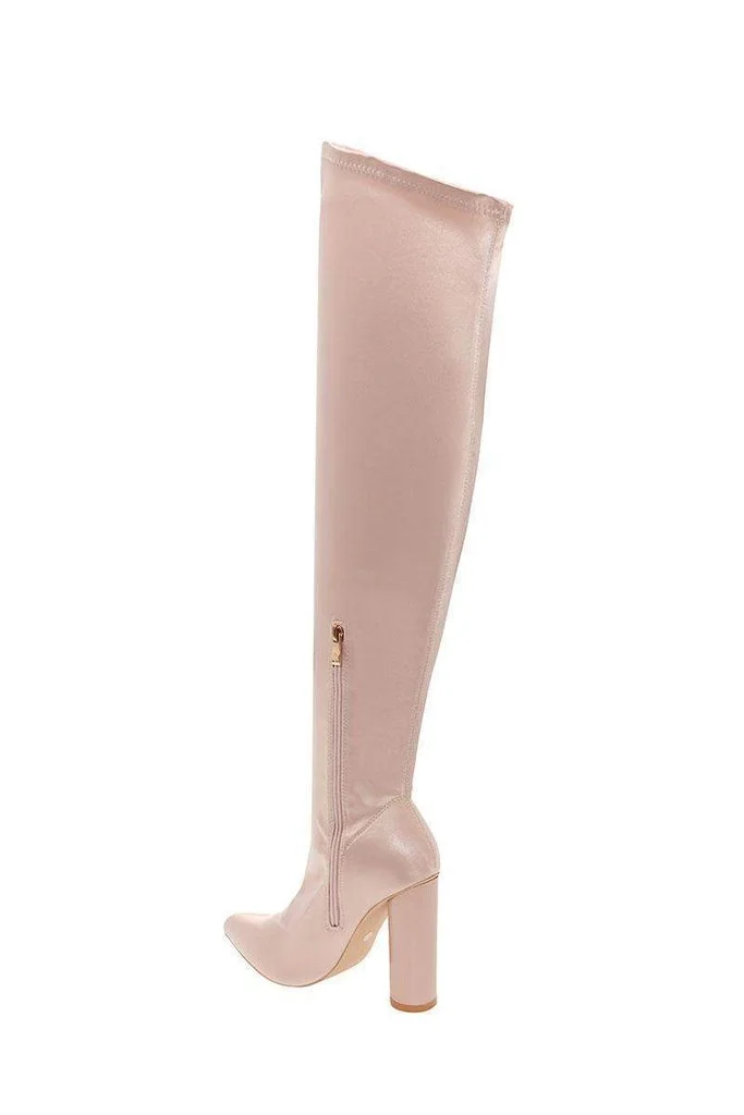 Flash Stripe Chunky Heel Over-The-Knee Boots - Nude Color Vdcoo