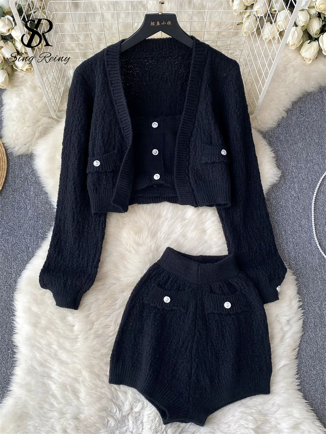 Huibahe Autumn Knitted Three Pieces Sets Long Sleeved Cardigan+ Single Breasted Strapless+ Stretch High Waisted Shorts Suits