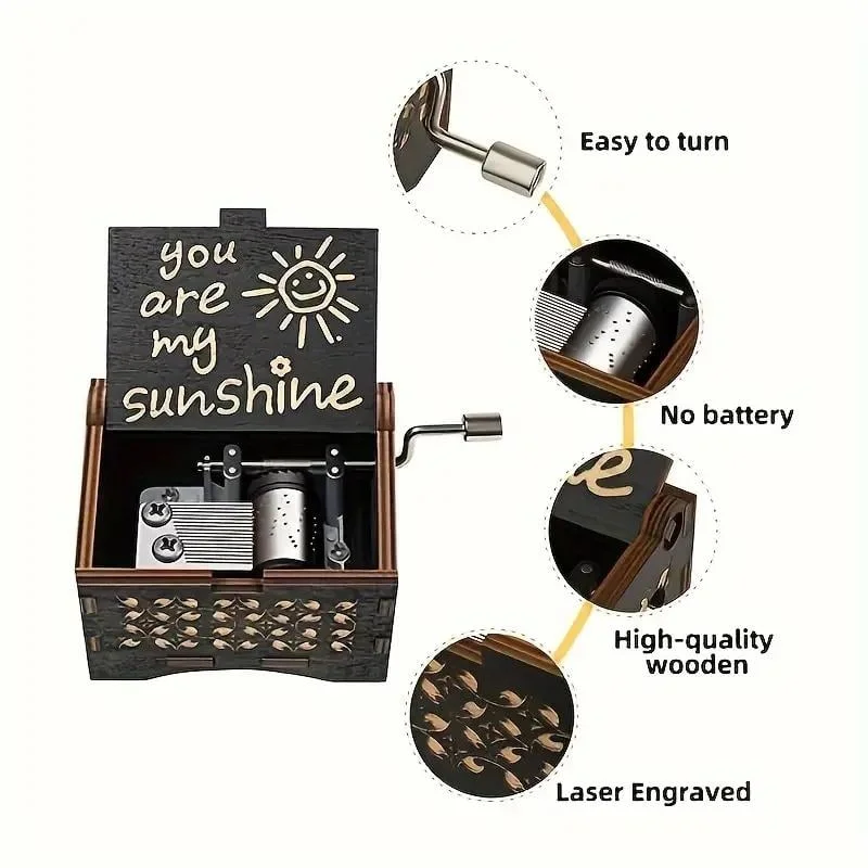 You Are My Sunshine Letter Pattern Music Box, 1 Count Hand Crank Wooden Vintage Laser Engraved Music Box, Gift for Birthday Anniversary Wedding You Are My Sunshine Letter Pattern Music Box, 1 Count Hand Crank Wooden Vintage Laser Engraved Music Box, Gift for Birthday Anniversary Wedding