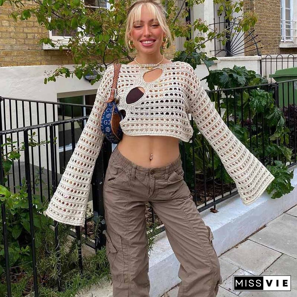 Y2K Hollow Out Cropped Knit Smock Top Vintage Loose Distressed Crochet Pullovers Casual Fairycore Chic Crop Cloth