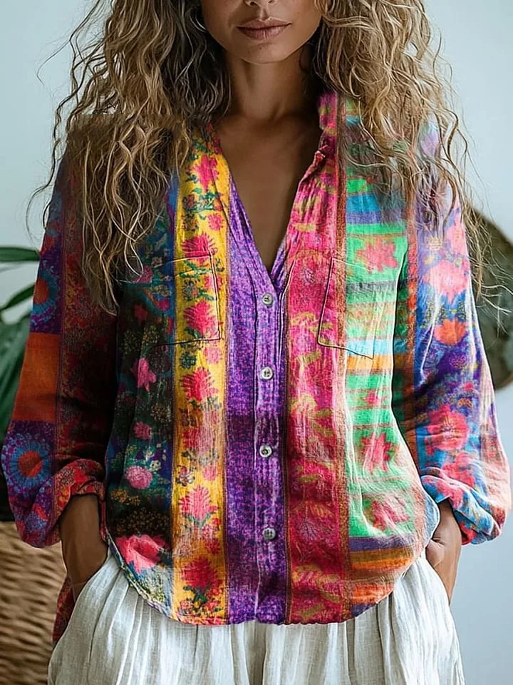 Women's Retro Boho Pattern Casual Long Sleeve Comfortable Cotton Shirt