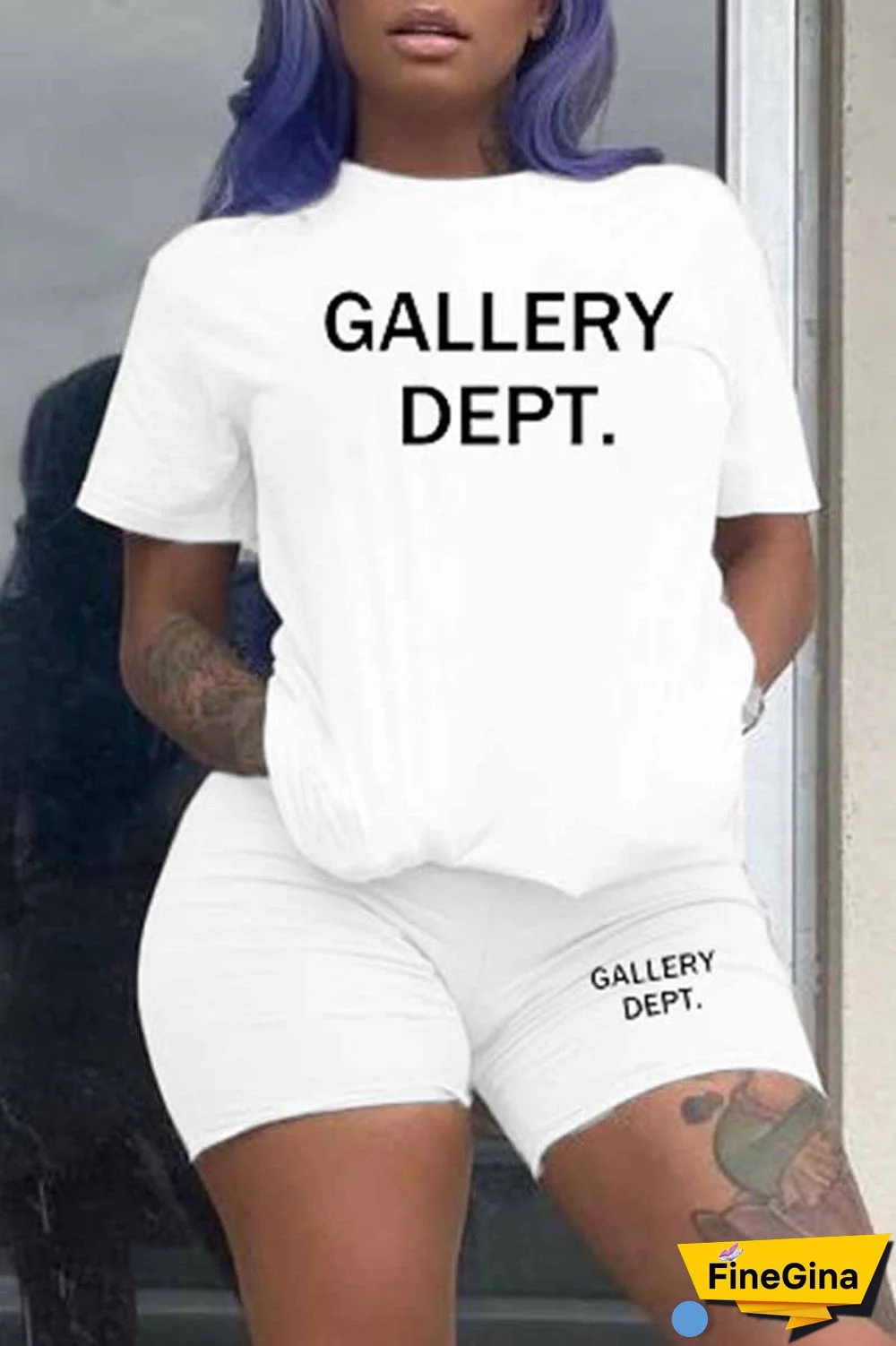 Purple Casual Print Letter O Neck Short Sleeve Two Pieces