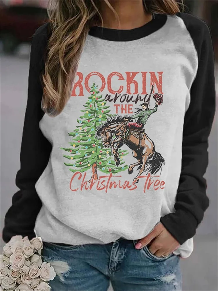 Wearshes Cowboy Christmas Tree Colorblock Sweatshirt