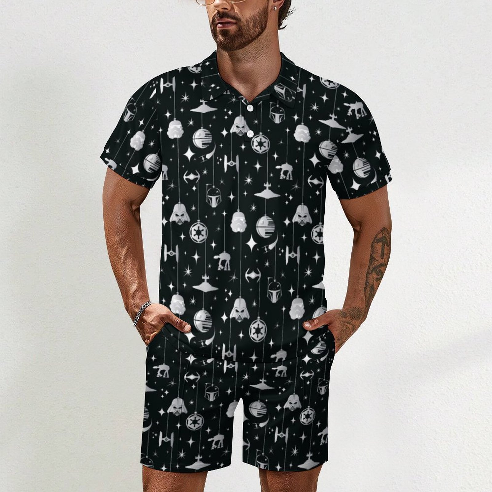 Star Wars Dark Side Holiday Black Summer Beach Tropical Hawaii Suits Guys Short Sleeve Beach Shirt Shorts Set Tracksuit