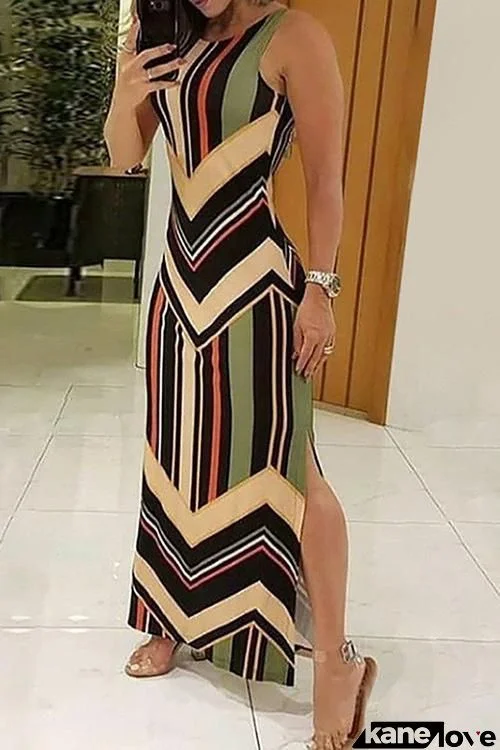 Color Block Stripe Slit Maxi Dress