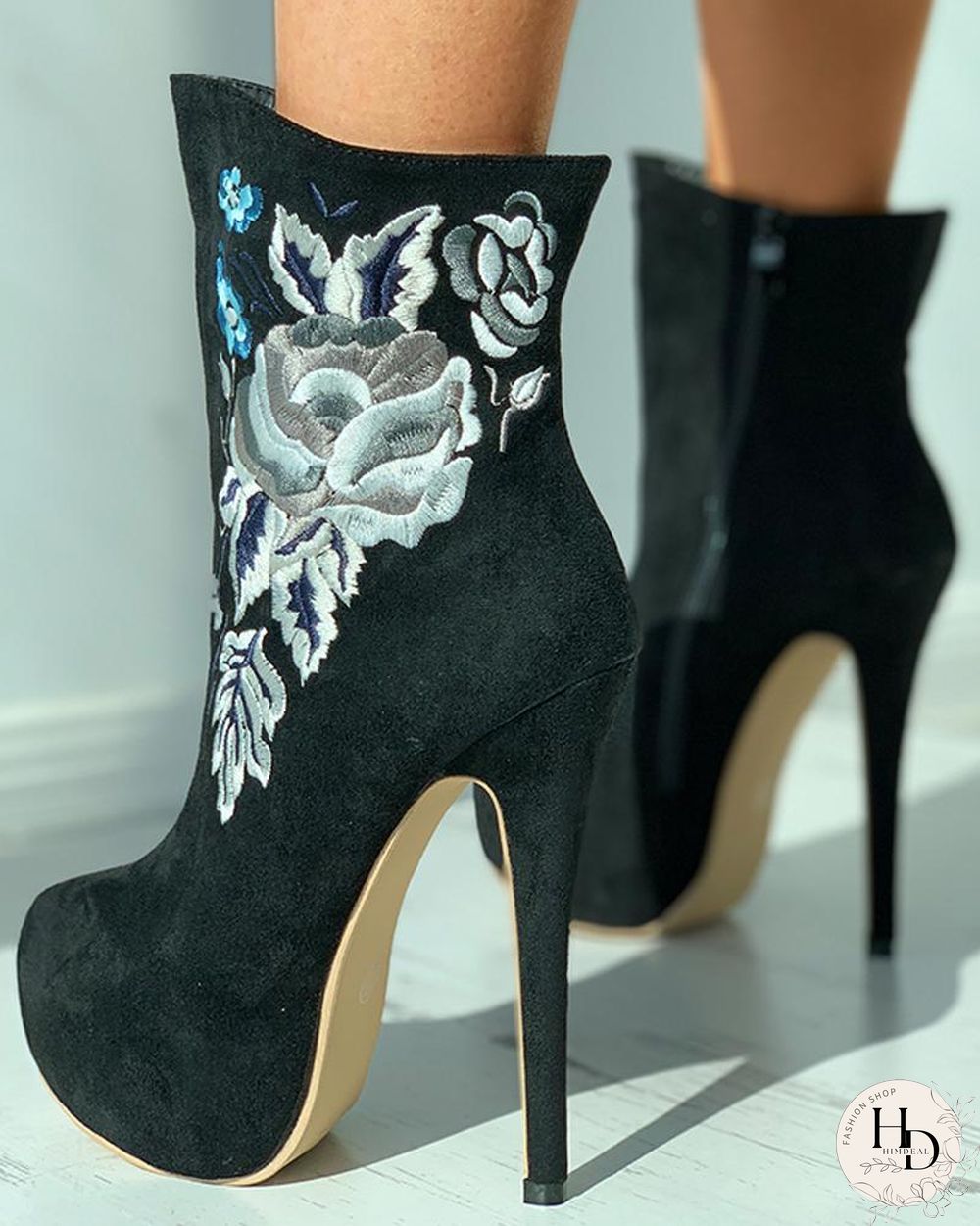 Floral Embroidery Suede Stiletto Heel Boots