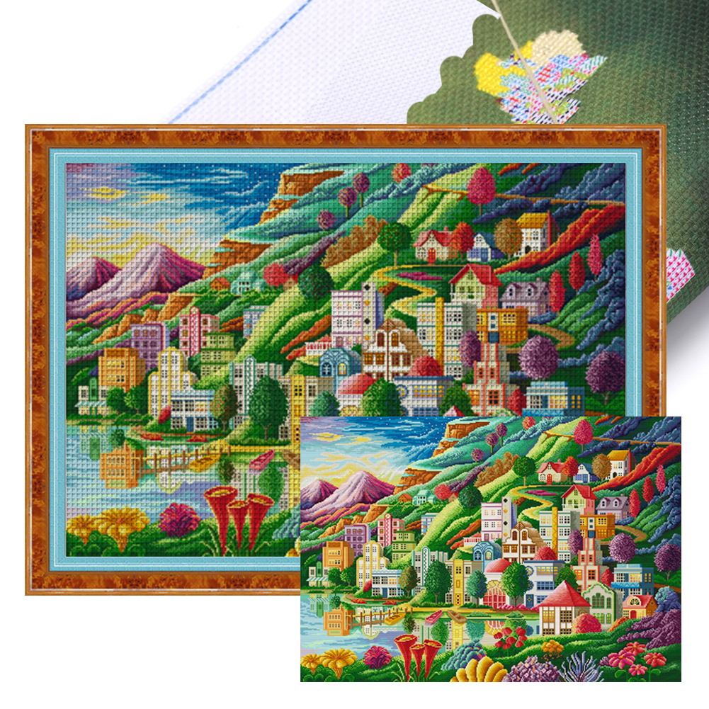 Rainbow Town Full 14CT Pre-stamped Canvas(82*61cm) 90 Colors Cross Stitch