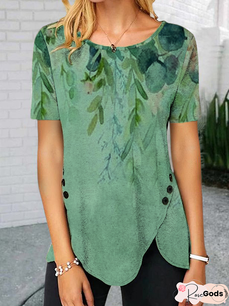 Floral Short Sleeve Printed Cotton-Blend Crew Neck Vintage Summer Green Top