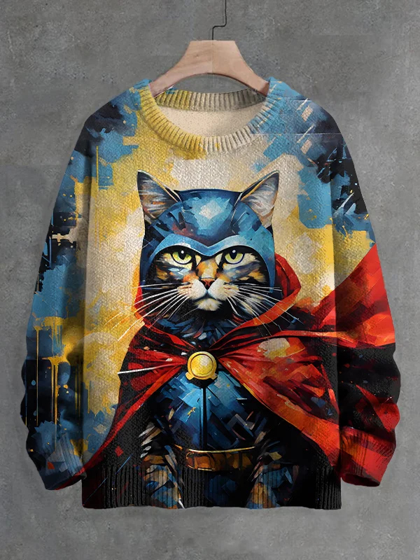 Men's Cat Superhero Art Print Knit Sweatshirt