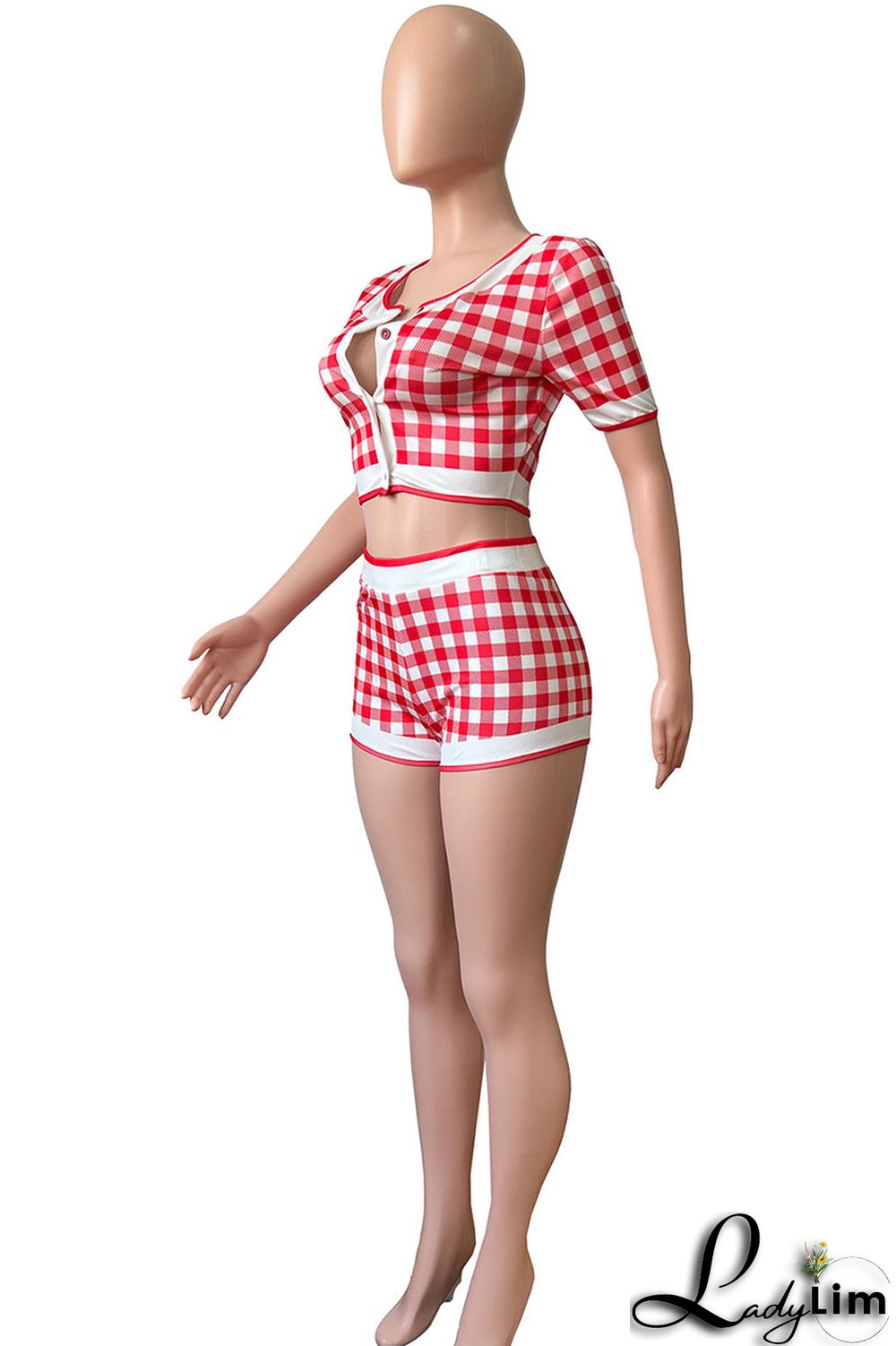 Royal Blue Sexy Plaid Print Split Joint Buckle Short Sleeve Two Pieces