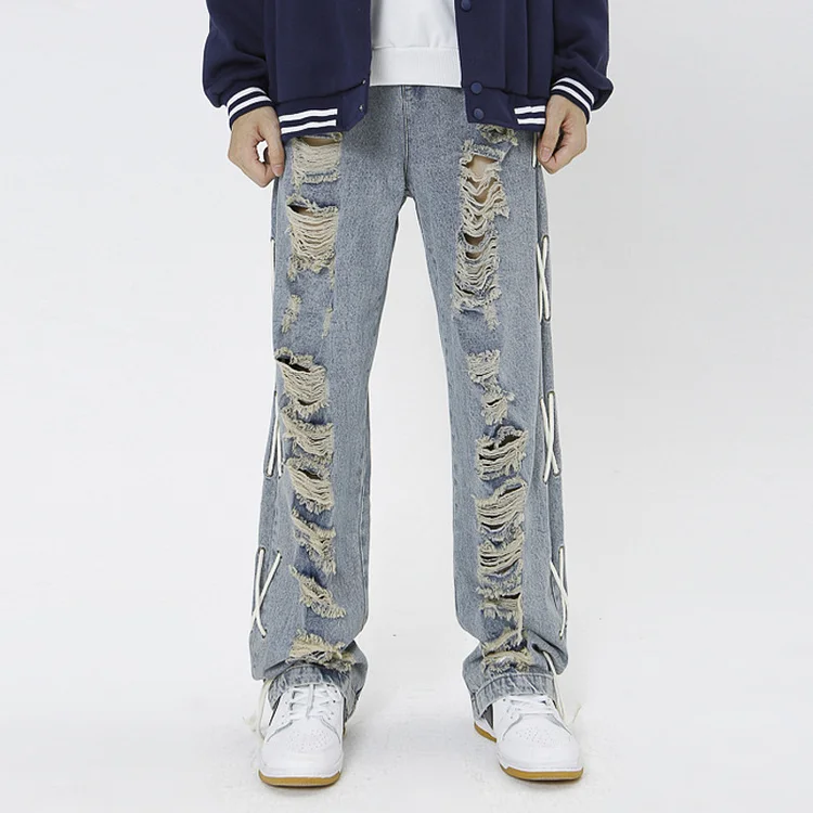 High Street Hip Hop Ripped Washed Loose Jeans Street Casual Trousers at Hiphopee