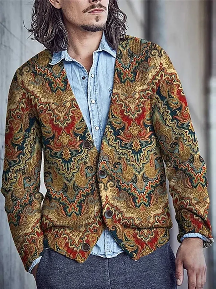 Floral Tribal Bandana Print Retro Vintage Long Sleeved Knitted Cardigan