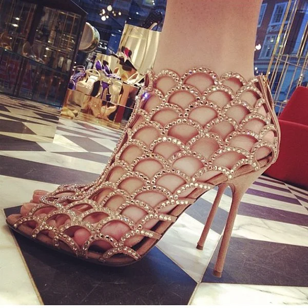 Champagne Rhinestone Cage Sandals Vdcoo