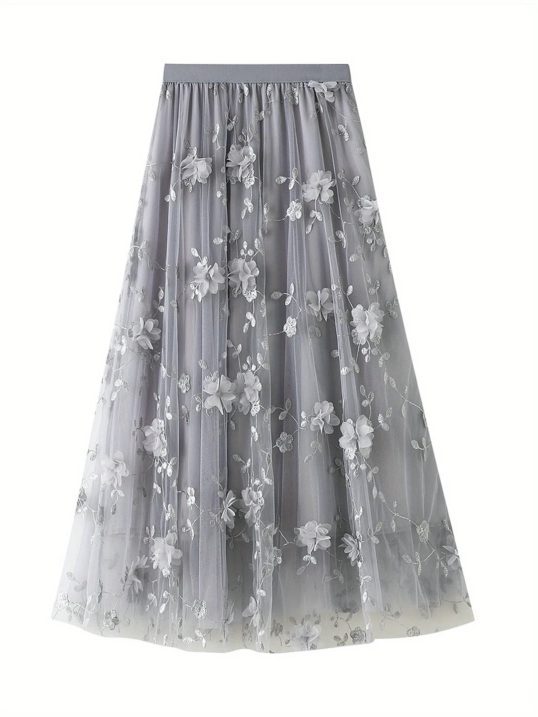 Women's 3d Handmade Big Skirt - Soft, Comfortable Long Skirt With Mesh Overlay, Elegant Floral Design In Green/Black/Pink/Grey/Navy Blue, Perfect For Work, Commuting, And Daily Wear, Casual Skirt | Floral Pattern Skirt | Soft Texture Skirt | IFYHOME