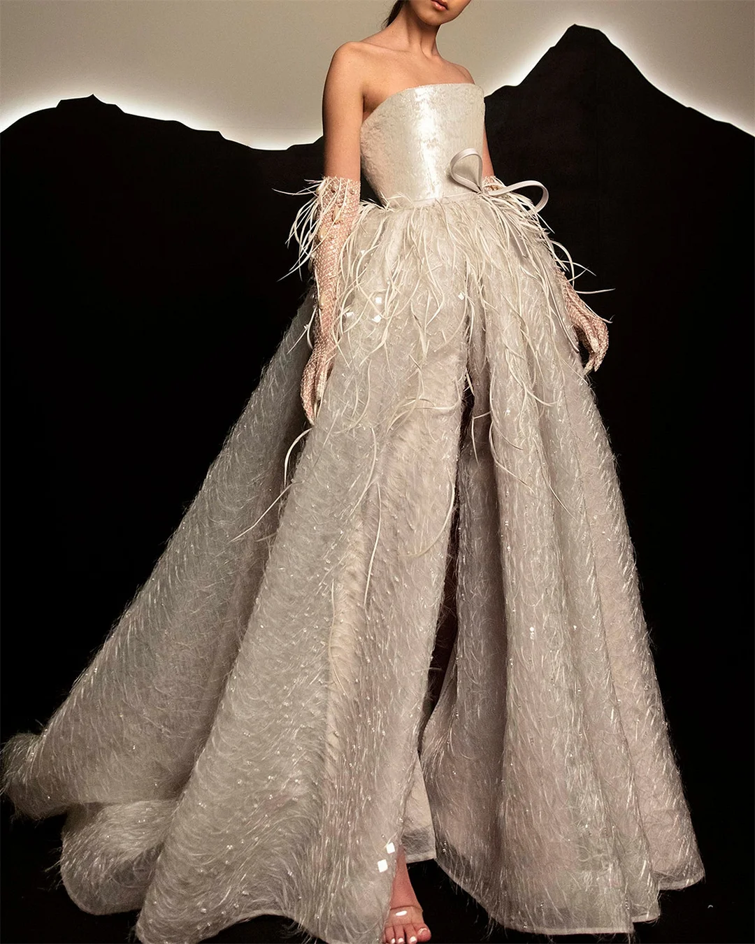 Women's Tube Top Feather Patchwork Prom Dress