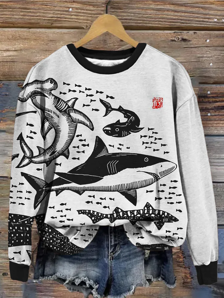 Sharks Japanese Lino Art Graphic Contrast Cozy Sweatshirt