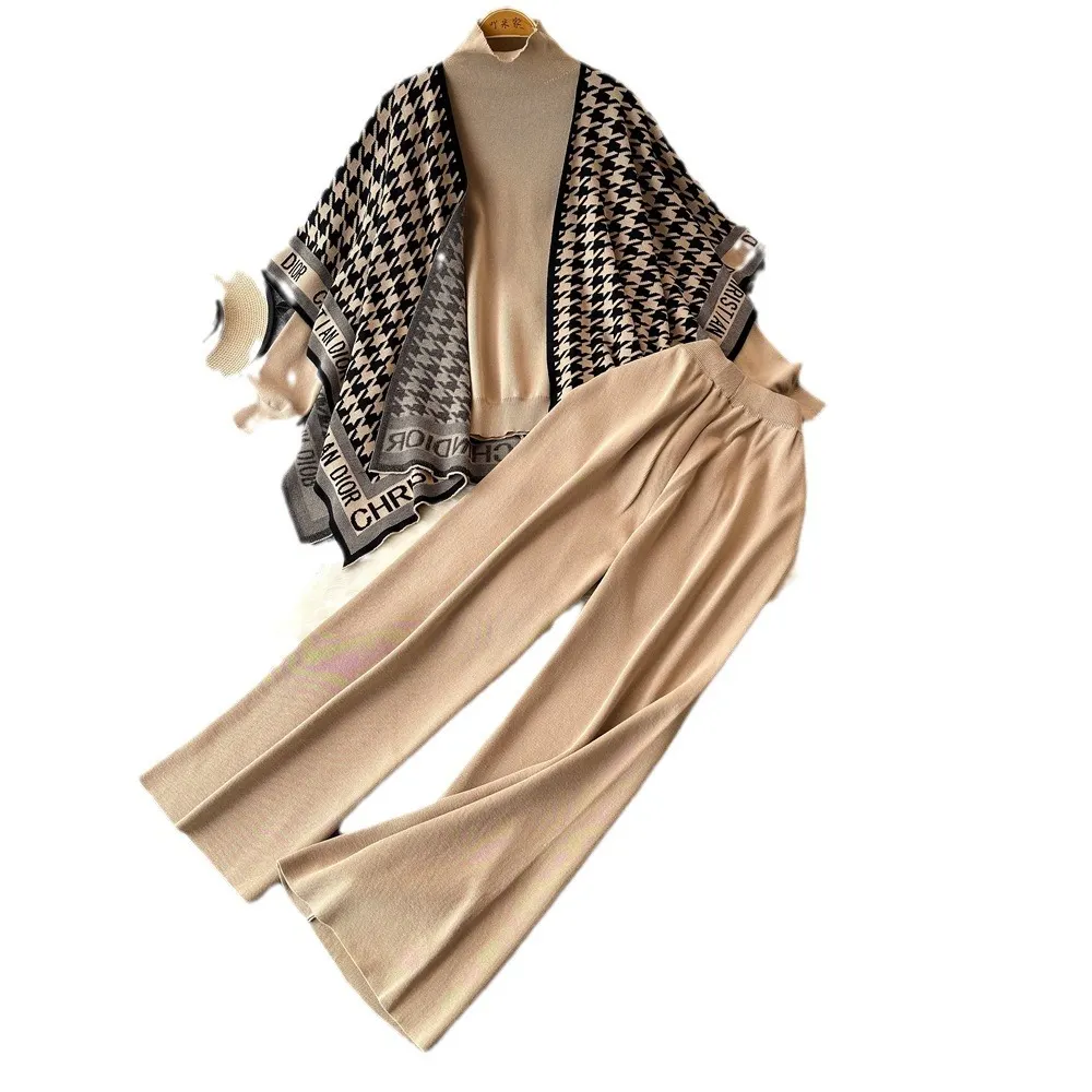 Athvotar Athvotar Version Of Chic Fashion Set Women's Long-Sleeved Knitted Top Coat + High-Rise Display Thin Leg Straight Trousers Three-Piece Set