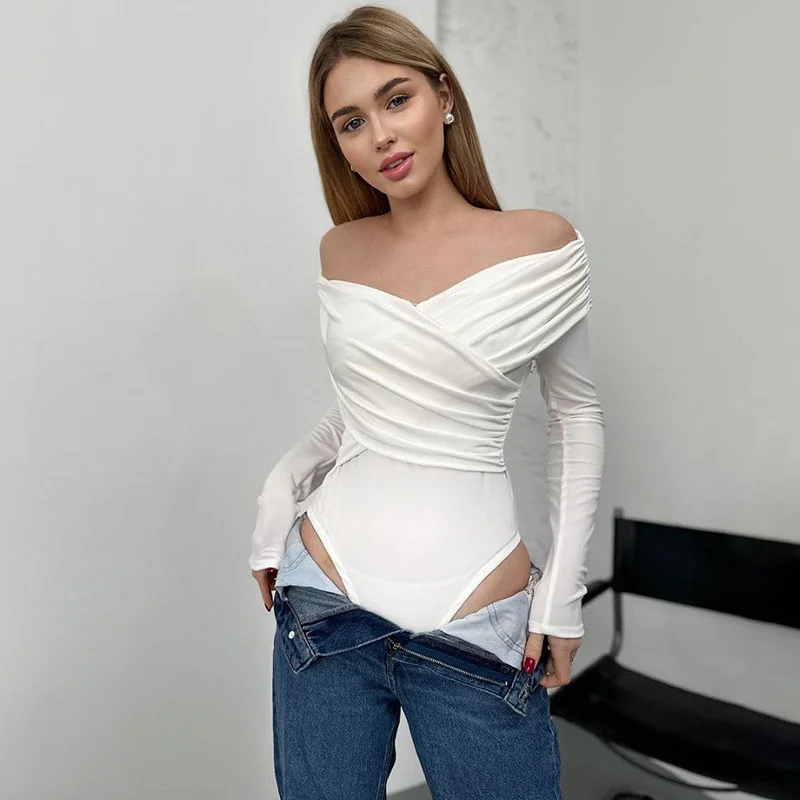 Uveng Uveng Spring Autumn New Temperament Fashion V Collar Off-Shoulder Splicing Long Sleeve Slim Joker Jumpsuit