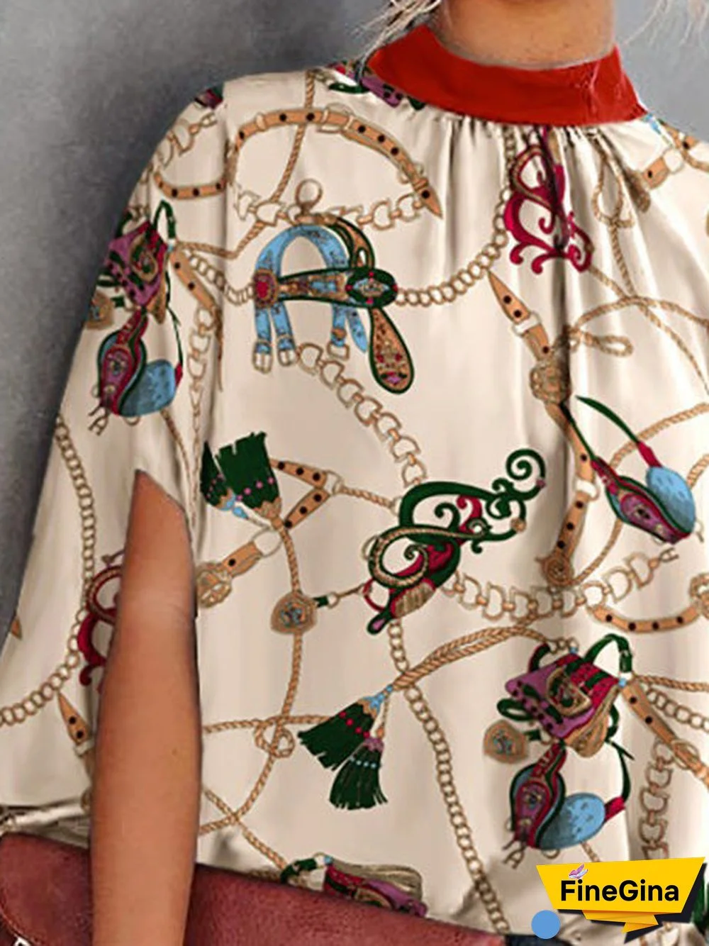 Women'S Blouses Loose Print Crew Neck Doll Sleeve Blouse