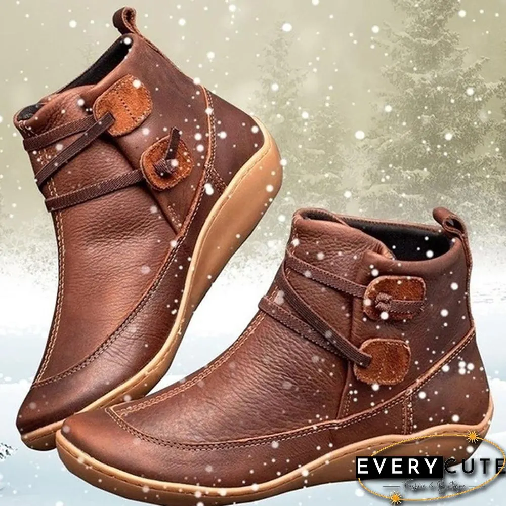 New Fashion Womens Medieval Vintage Leather Boots Braided Strap Flat Heel All Season
