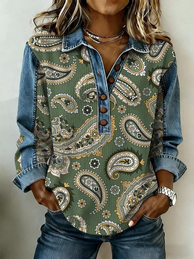 Women's Western-Style Paisley Print Lapel And Button Design Knitted Top 