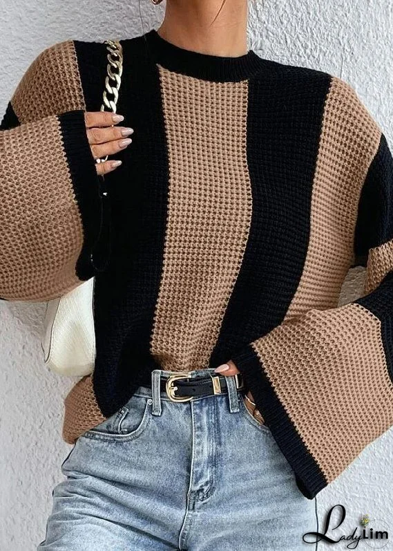 Fashion Khaki O Neck Striped Women Knit Sweaters Fall