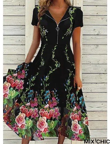 Women's A Line Dress Midi Dress Casual Floral V Neck Short Sleeve Dresses