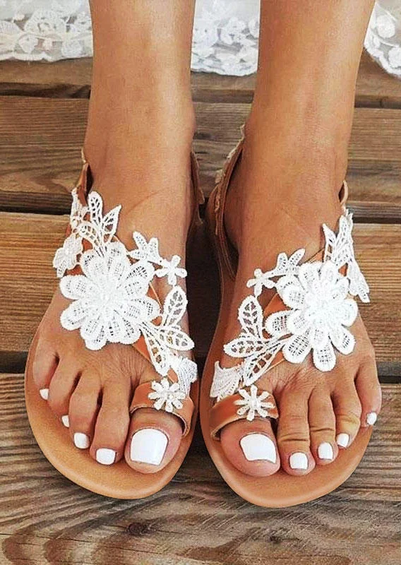 Floral Lace Slip On Flat Sandals - Brown socialshop