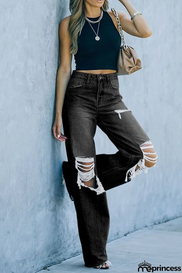 New Casual Jeans Wide Leg Pants with Holes
