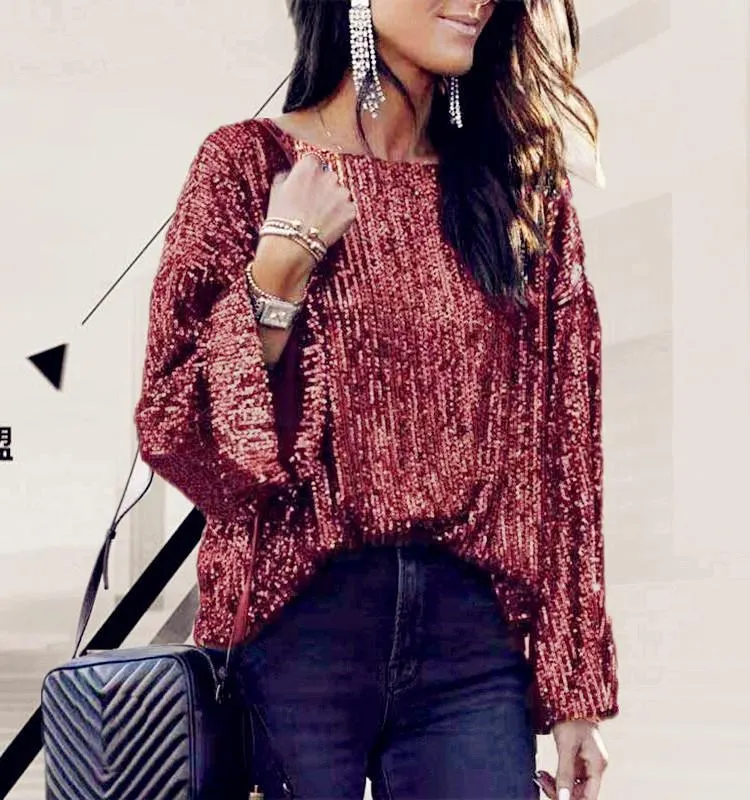 Round Neck Sequins Simple Shirt