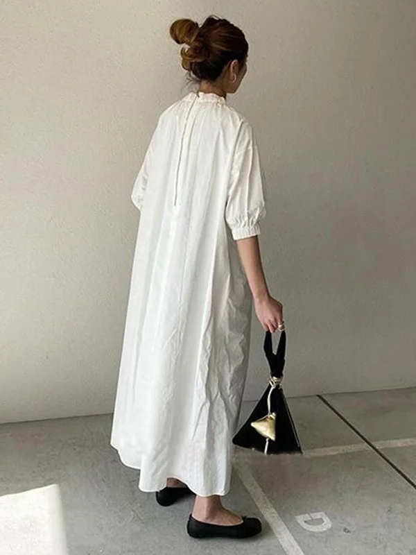 Simple Solid Color Stand Collar Loose Half Sleeve Dress