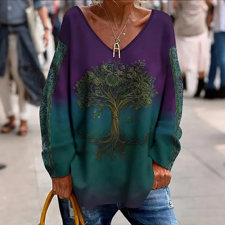 Women's Retro Viking Tree Of Life Gradient V-neck T-shirt