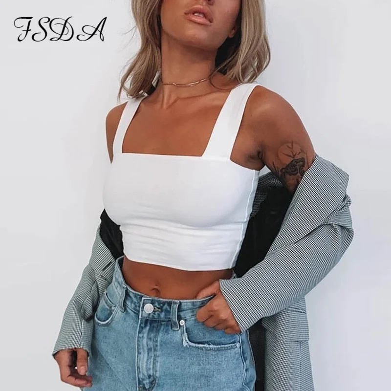 FSDA Square Neck Sleeveless Summer Crop Top White Women Black Casual Basic T Shirt Off Shoulder Cami Sexy Backless Tank Top