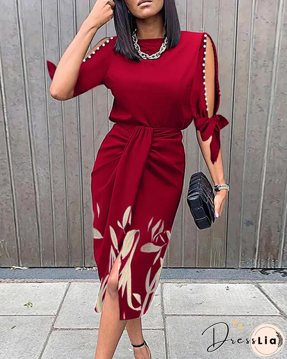Leaf Print Pearls Decor Knotted Work Dress