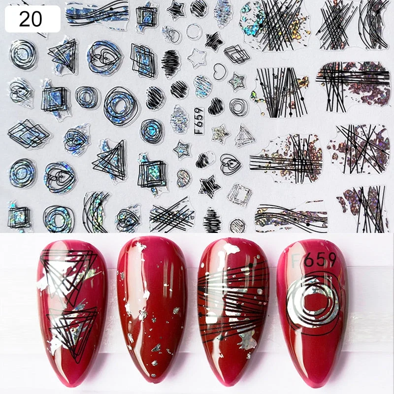 1pcs Black White Letter Stickers For Nails Flower Leaf Linear Transfer Decals Slider 3D Nail Art Decorations Wraps