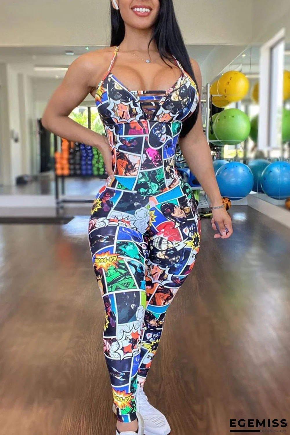 Colour Sexy Street Print Patchwork Backless Spaghetti Strap Regular Jumpsuits | EGEMISS