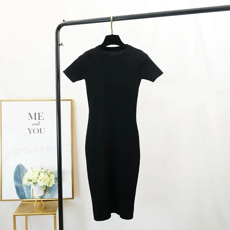 FTLZZ New Women Stretch Knitted Midi Dress Summer Spring Lady Casual O-neck Slim Knitting Bodycon Dresses Vintage Vestidos