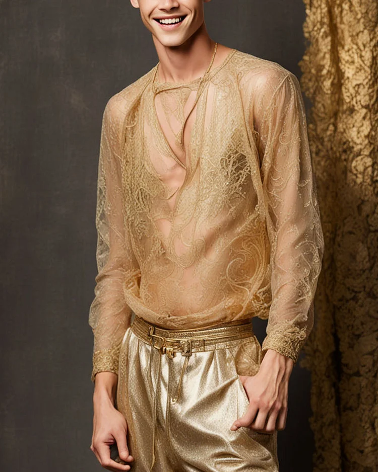 Men's Lace See-Through Long Sleeve Top
