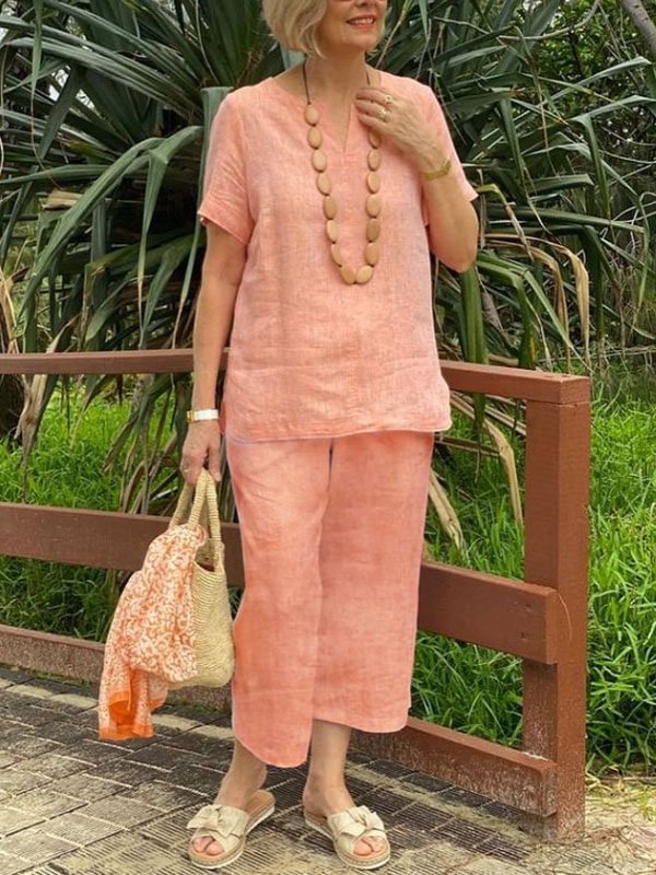 Pure color cotton and linen short-sleeved casual lady suit