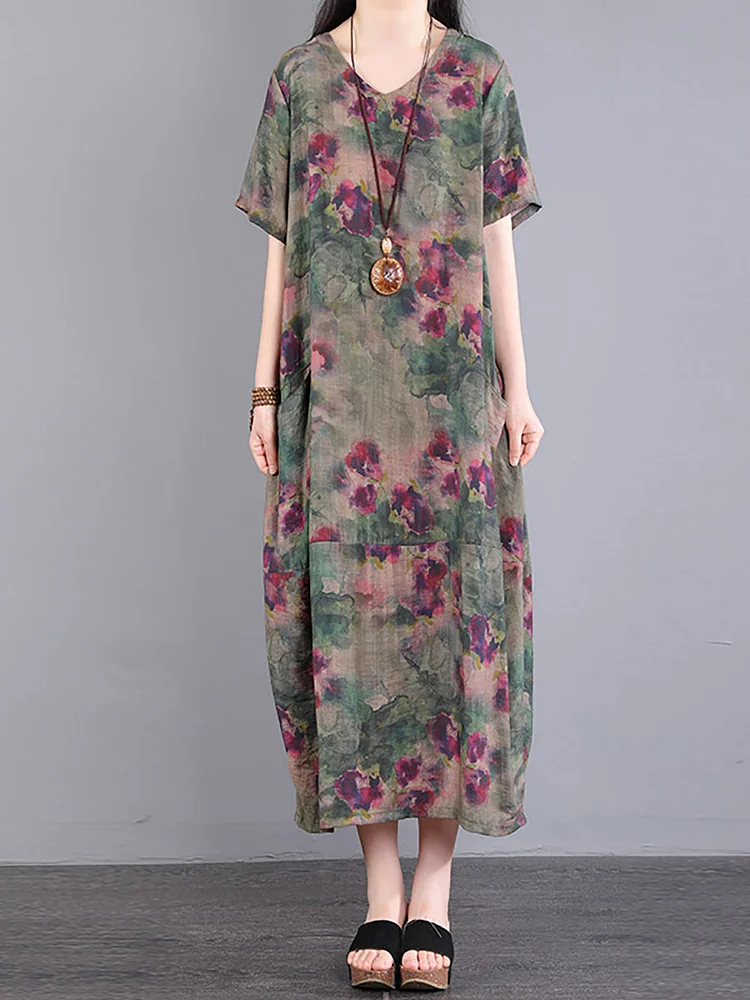 Women Summer Vintage Floral V-Neck Loose Cotton Dress