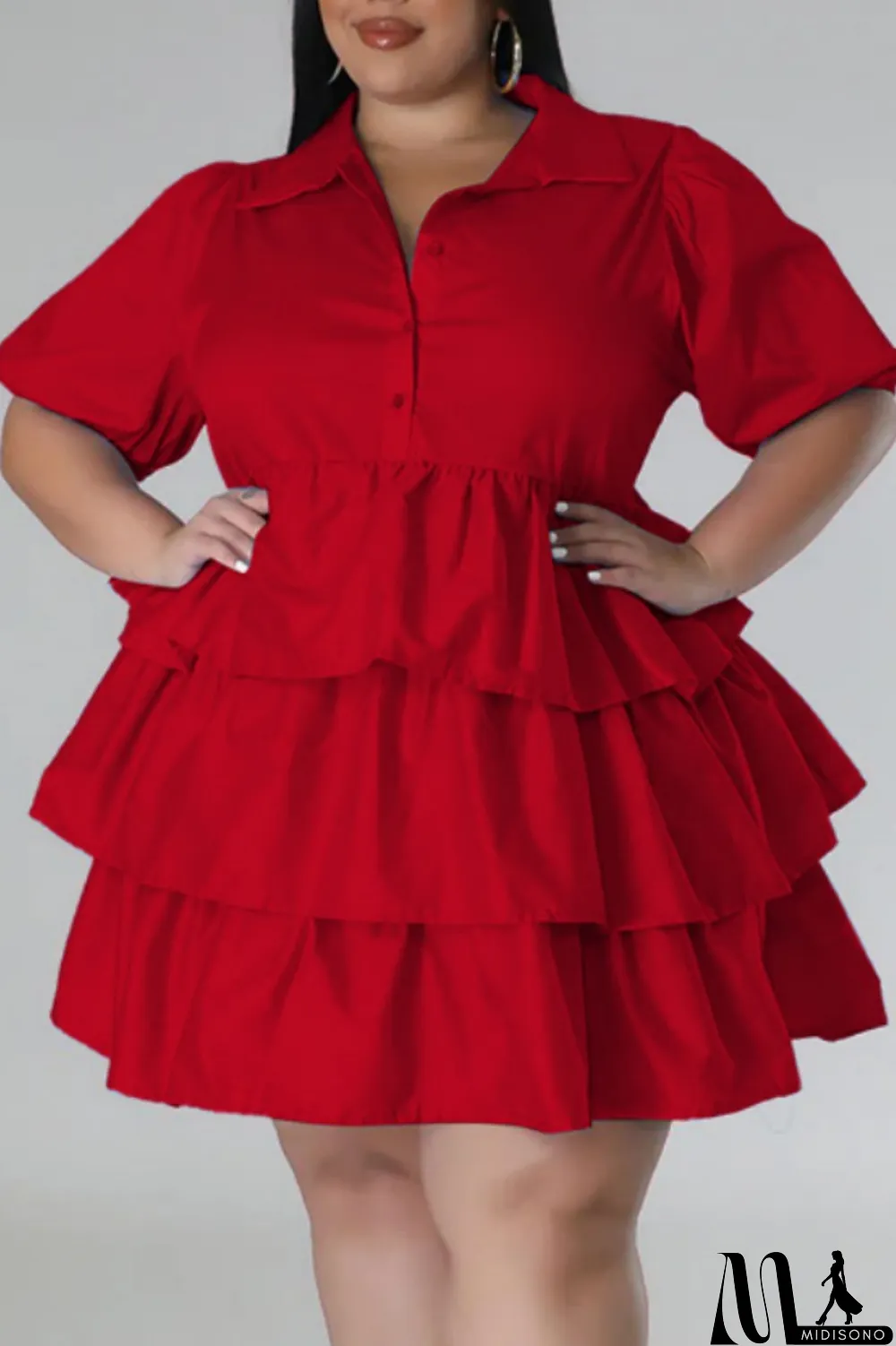 MidiSono - Light Blue Casual Solid Patchwork Turndown Collar Cake Skirt Plus Size Dresses