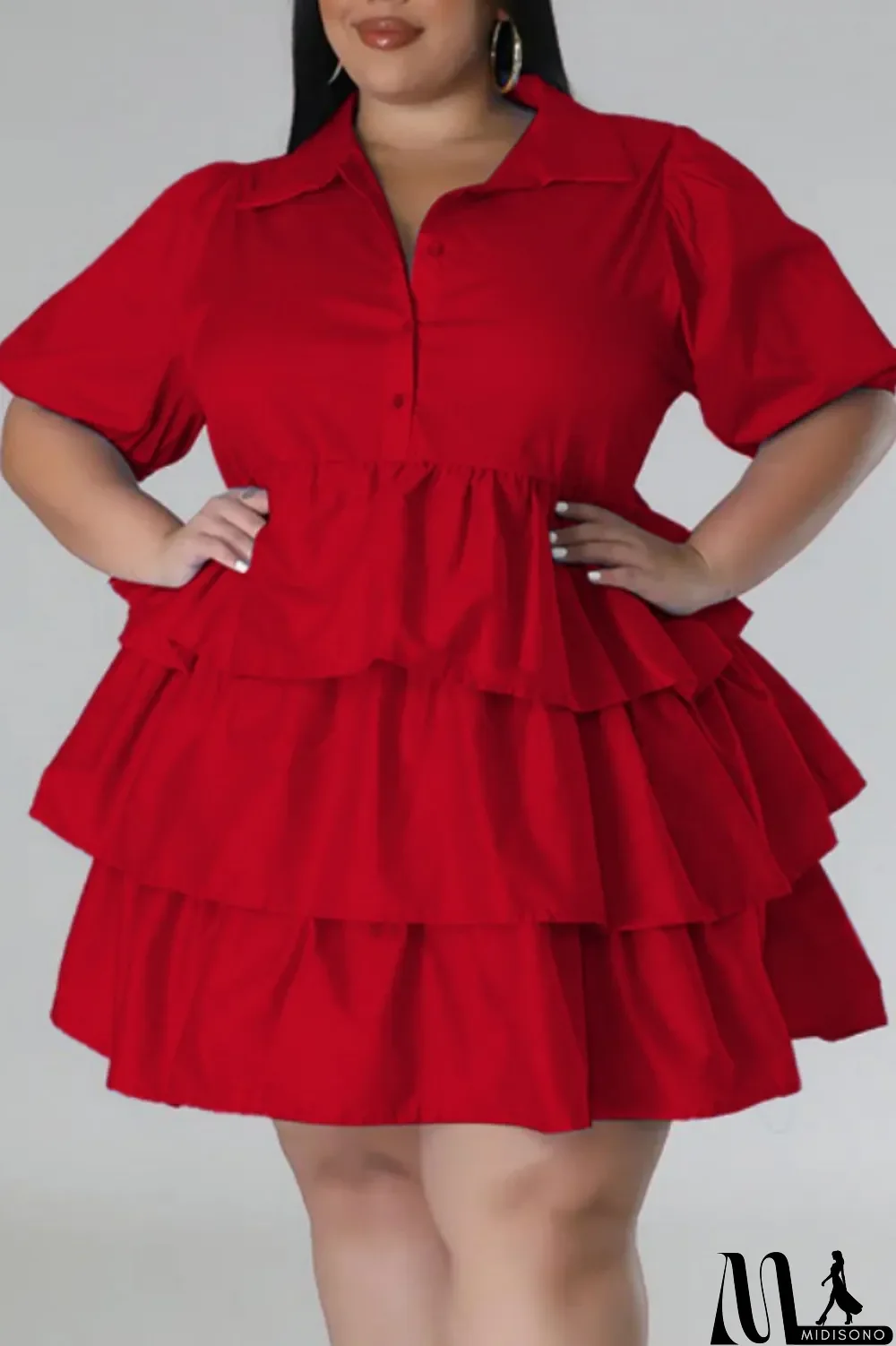 MidiSono - Light Blue Casual Solid Patchwork Turndown Collar Cake Skirt Plus Size Dresses