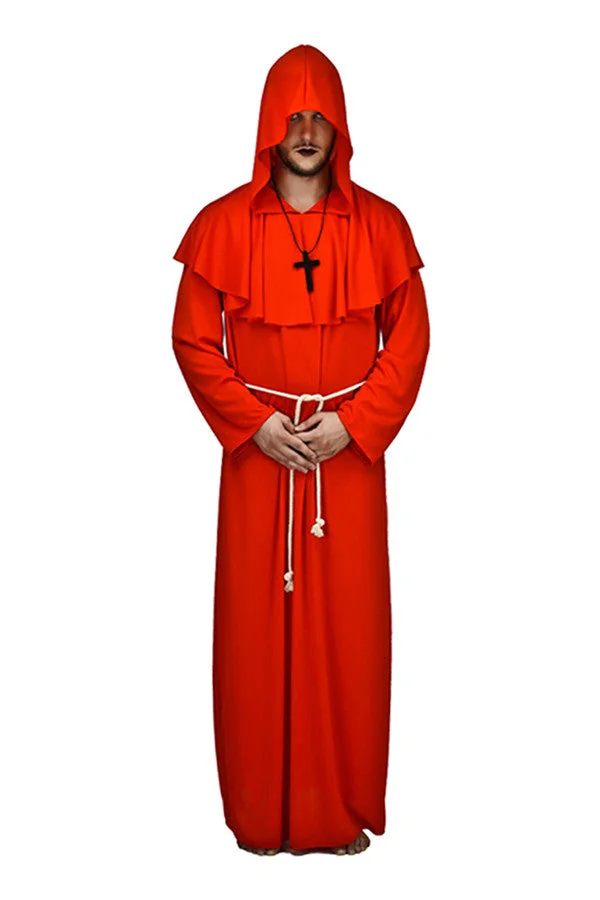 Long Hooded Robe Mens Friar Tuck Wizard Halloween Costume Red-elleschic